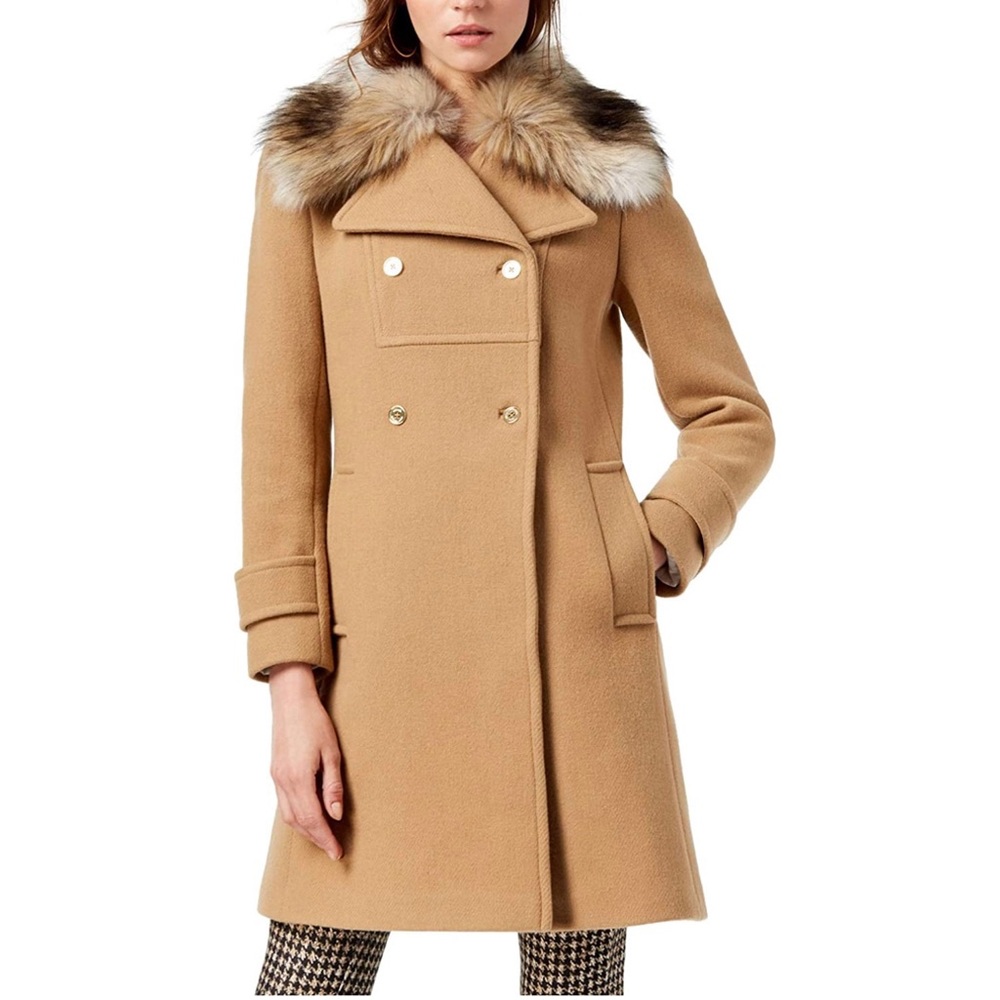 NEW Michael Kors Double Breasted Wool Coat removable faux fur collar